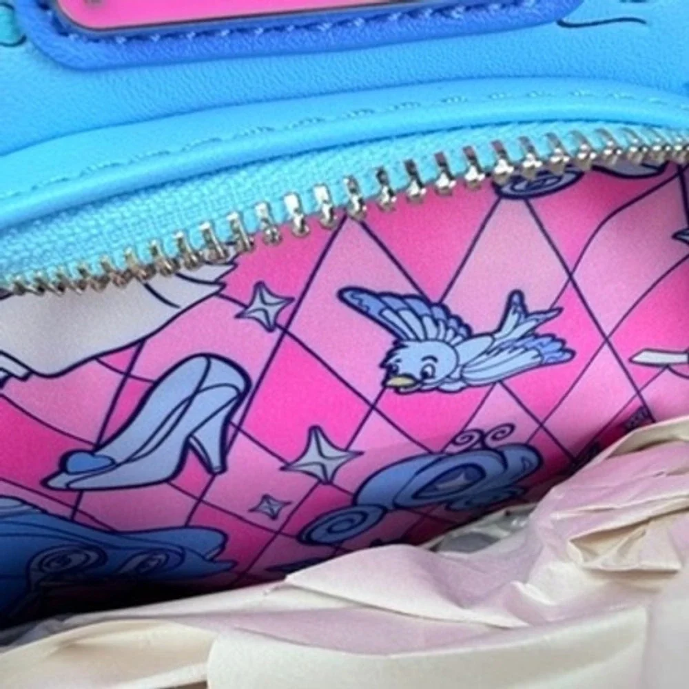 Loungefly‎ Disney Cinderella Stained Glass Mini Backpack Blue Pink Jaq Gus Gus